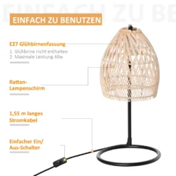 HOMCOM Tischlampe, Tischleuchte Mit Ratten-Lampenschirm, Nachttischlampe Aus Metallrahmen Im Boho-Stil, E27, Max. 40 W, Schreibtischlampe Für Schlafzimmer, Wohnzimmer, Natur+Schwarz -Homcom 00c1116f7f82ed3f125d0e1310b7692f