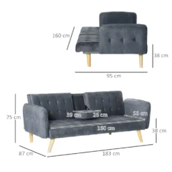 HOMCOM 2-1 Design Schlafsofa Klappsofa 3-Sitzer Stoffsofa Chaiselongue Bettsofa Sofagarnitur Verstellbarer Winkel Dunkelgrau 183 X 87 X 75 Cm -Homcom 024a95220174074518ba1d835fb4c127