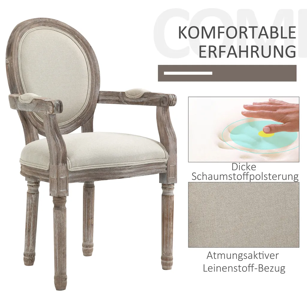 HOMCOM Esszimmerstuhl Retro-Design Küchenstuhl Mit Armlehnen Polsterstuhl Für Wohnzimmer Gummiholz Cremeweiß+ Helle Holzfarbe 56 X 55,5 X 96 Cm 5 HOMCOM Esszimmerstuhl Retro-Design Küchenstuhl Mit Armlehnen Polsterstuhl Für Wohnzimmer Gummiholz Cremeweiß+ Helle Holzfarbe 56 X 55,5 X 96 Cm – Bild 3