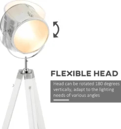 HOMCOM Stehlampe Stehleuchte Mit Dreibein Stativ Aus Holz 100-140 Cm Höhenverstellbar Mit 180° Drehbarem Lampenkopf Caféleuchte Studiolampe Industrial Design Tripod Lampe 40W Weiß Stahl Kiefernholz -Homcom 0447b87b0c2eeb2ce13986879d9a6f3c