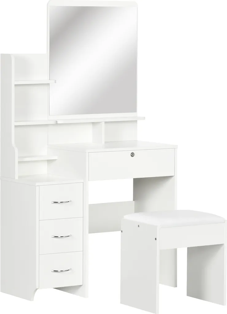 HOMCOM Schminktisch Mit Hocker, Kosmetiktisch Mit Spiegel, Frisiertisch Mit Schubladen, Ablagen, Frisierkommode Mit Anti-Kipp-Schutz Für Schlafzimmer, Weiß, 80 X 38 X 143cm 3 HOMCOM Schminktisch Mit Hocker, Kosmetiktisch Mit Spiegel, Frisiertisch Mit Schubladen, Ablagen, Frisierkommode Mit Anti-Kipp-Schutz Für Schlafzimmer, Weiß, 80 X 38 X 143cm