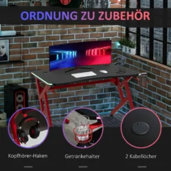 HOMCOM Gaming Tisch RGB-Lichter Schreibtisch R-förmiger 4 Verstellbare Fußstützen Computertisch Arbeitstisch Spanplatte Metall Schwarz+Rot 120 X 60 X 74,5 Cm -Homcom 09d4a266c498e1467ff845037c6edfe1