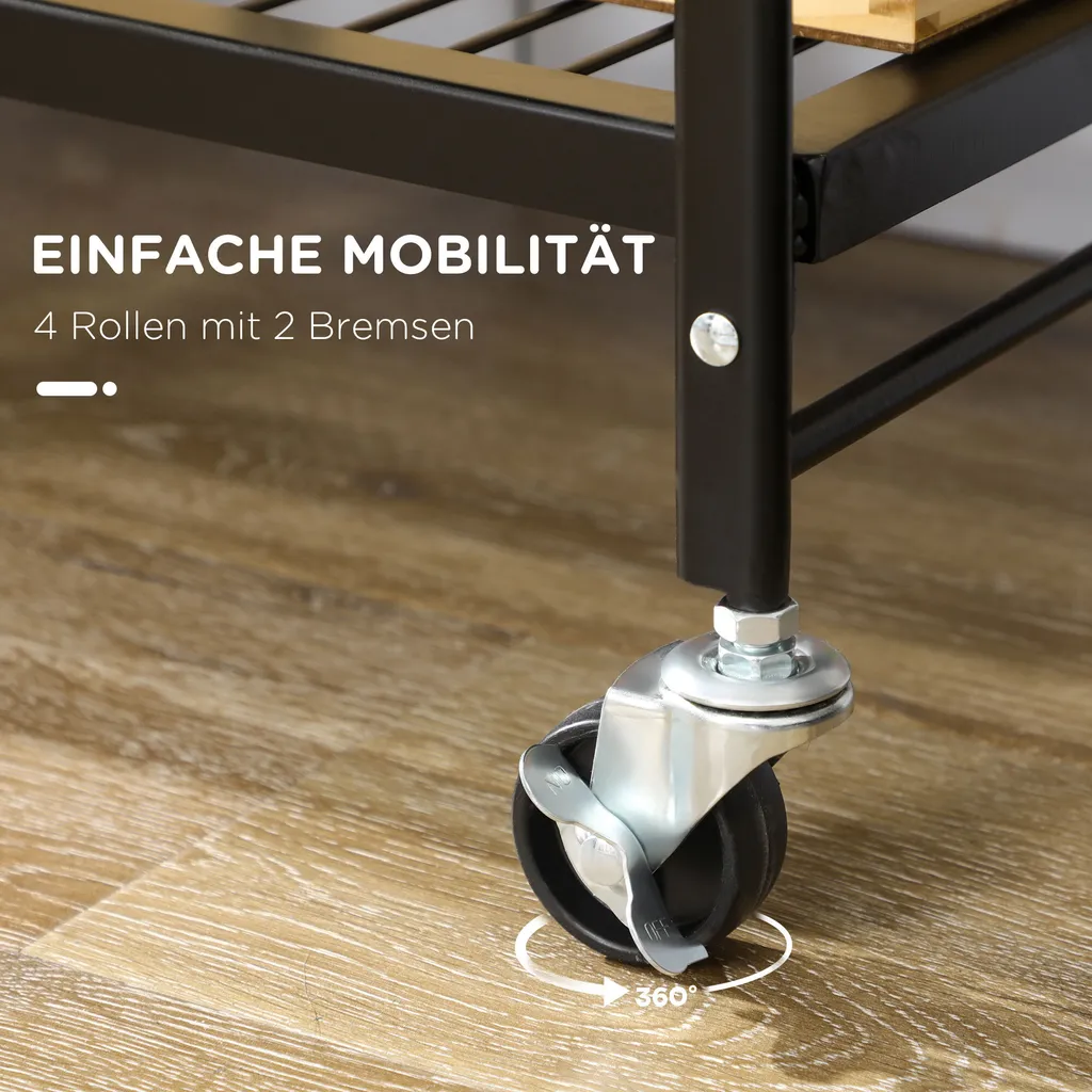 HOMCOM Rollwagen, Klappbarer Küchenwagen, Servierwagen Mit 3 Ebenen, Griff, Küchenregal Auf 4 Rollen Für Esszimmer, Wohnzimmer, Stahl, Braun+Schwarz, 68 X 35 X 85 Cm 8 HOMCOM Rollwagen, Klappbarer Küchenwagen, Servierwagen Mit 3 Ebenen, Griff, Küchenregal Auf 4 Rollen Für Esszimmer, Wohnzimmer, Stahl, Braun+Schwarz, 68 X 35 X 85 Cm – Bild 6