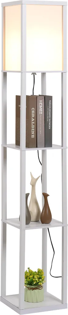 HOMCOM Stehleuchte Stehlampe Mit 3 Regalen Innenbeleuchtung E27 Bis 40W Für Wohn-/Schlafzimmer E1-MDF, Acryl Weiß 26 X 26 X 160 Cm