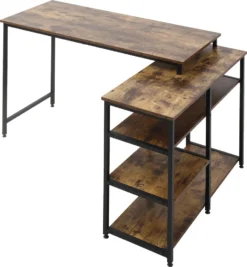 HOMCOM Eckschreibtisch Winkelschreibtisch PC-Tisch Computertisch Bürotisch Regal Schublade L-Form Spanplatte Metall Rustikales Braun 135 X 90 X 79 Cm