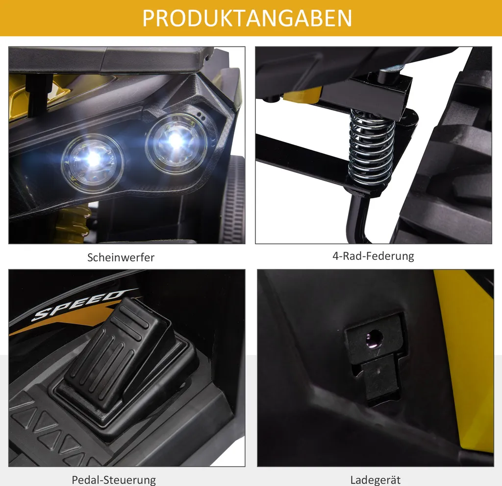 HOMCOM Elektro-Quad Kinder Elektro ATV Kinderwagen LED Frontlicht Mit MP3 USB 2 X 550 Motoren Kinderfahrzeug Kindermotorrad Elektro-Quad Für 37-60 Monate Alt Kinder Metall Gelb 100 X 65 X 73 Cm 10 HOMCOM Elektro-Quad Kinder Elektro ATV Kinderwagen LED Frontlicht Mit MP3 USB 2 X 550 Motoren Kinderfahrzeug Kindermotorrad Elektro-Quad Für 37-60 Monate Alt Kinder Metall Gelb 100 X 65 X 73 Cm – Bild 8