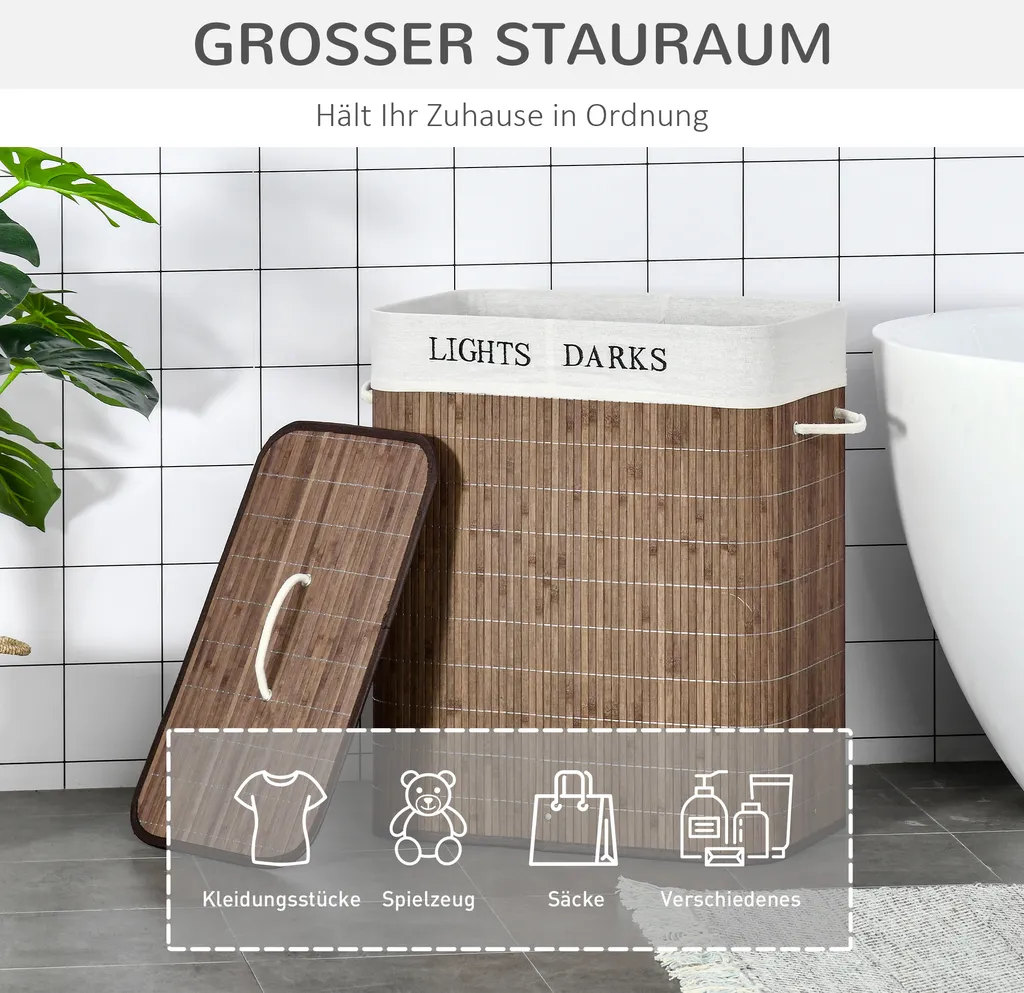 HOMCOM 100L Wäschekorb Wäschebox Wäschesammler Mit 3 Griffe Mit Waschbarem Wäschesack Abnehmbar Bambus Polyester Baumwolle Metall Braun+Weiß 52 X 32 X 63 Cm 6 HOMCOM 100L Wäschekorb Wäschebox Wäschesammler Mit 3 Griffe Mit Waschbarem Wäschesack Abnehmbar Bambus Polyester Baumwolle Metall Braun+Weiß 52 X 32 X 63 Cm – Bild 4