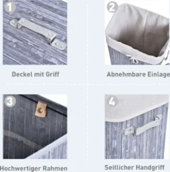 HOMCOM Wäschekorb, Wäschebox, Wäschesammler Mit Deckel, Segeltuchsack, Waschbarem Wäschesack, Mit Griffen, Bambus , Faltbar, 72L, Grau, 40 X 30 X 60 Cm -Homcom 106b317897b5e4306cdf3c9637745937
