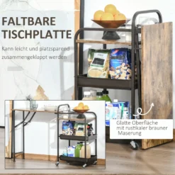 HOMCOM Küchenwagen Küchenrollwagen Servierwagen Mit 1 Klappbaren Tischplatte 2 Tabletts Und 1 Offenes Regal Rollen Verstellbare Fußpolster E1-Spanplatte Metall Rustikal-Braun 118 X 36,5 X 82 Cm -Homcom 115ed4e61d278065a589d9cc2affc819