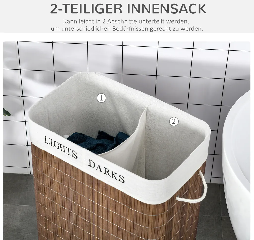 HOMCOM 100L Wäschekorb Wäschebox Wäschesammler Mit 3 Griffe Mit Waschbarem Wäschesack Abnehmbar Bambus Polyester Baumwolle Metall Braun+Weiß 52 X 32 X 63 Cm 8 HOMCOM 100L Wäschekorb Wäschebox Wäschesammler Mit 3 Griffe Mit Waschbarem Wäschesack Abnehmbar Bambus Polyester Baumwolle Metall Braun+Weiß 52 X 32 X 63 Cm – Bild 6