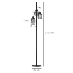 HOMCOM Stehlampe 3-flammige Retro Stehleuchte Dimmbare Lichtstärke Mit Tritt-Schalter Im Industrie-Design Standleuchte Wohnzimmerlampe Stahl Schwarz 30 X 30 X 170,5 Cm -Homcom 13542ee97c0f42f77d78124acb90edec