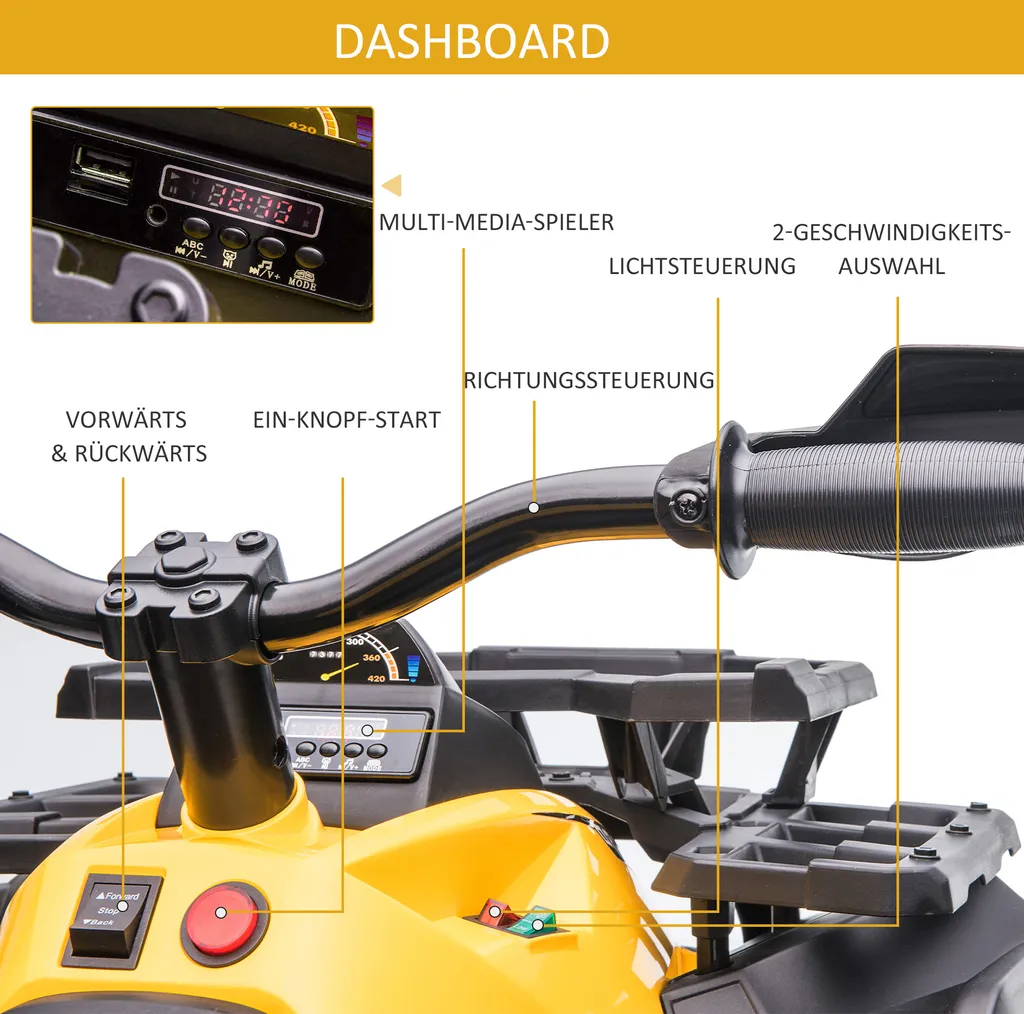 HOMCOM Elektro-Quad Kinder Elektro ATV Kinderwagen LED Frontlicht Mit MP3 USB 2 X 550 Motoren Kinderfahrzeug Kindermotorrad Elektro-Quad Für 37-60 Monate Alt Kinder Metall Gelb 100 X 65 X 73 Cm 8 HOMCOM Elektro-Quad Kinder Elektro ATV Kinderwagen LED Frontlicht Mit MP3 USB 2 X 550 Motoren Kinderfahrzeug Kindermotorrad Elektro-Quad Für 37-60 Monate Alt Kinder Metall Gelb 100 X 65 X 73 Cm – Bild 6