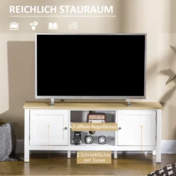 HOMCOM TV-Lowboard Fernsehschrank Mit 2 Schränken Und 2 Offenen Regalen TV Schrank Mit Kabelführungslöcher Unterschrank TV-Kommode Fernsehtisch Landhausstil Weiß+Natur 120 X 35 X 48cm -Homcom 15d50de9243f8c0141fc7b39b44495aa