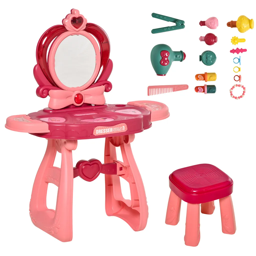 HOMCOM Kinderschminktisch Mit Spiegel Hocker Frisiertisch Mit Reichhaltigem Zubehör 5 Musikstücke Licht Für Mädchen Ab 3 Jahre Anti-rutsch Platzsparend Kunststoff Weinrot+Rosa 57 X 29 Cm X 70,5 Cm 6 HOMCOM Kinderschminktisch Mit Spiegel Hocker Frisiertisch Mit Reichhaltigem Zubehör 5 Musikstücke Licht Für Mädchen Ab 3 Jahre Anti-rutsch Platzsparend Kunststoff Weinrot+Rosa 57 X 29 Cm X 70,5 Cm – Bild 4