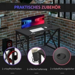 HOMCOM Computertisch Mit LED-Leuchten Monitorablage PC Tisch Gaming Tisch Mit Becherhalter E-Sport-Stil Bürotisch Mit Verstellbaren Füßen MDF Metall Schwarz 120 X 60 X 73 Cm -Homcom 16b4a261da0b51326074e56488a6c3c7