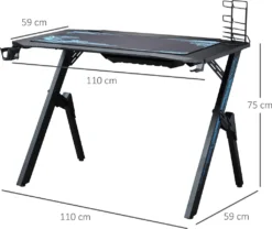 HOMCOM Gaming Tisch Schreibtisch Mit Kopfhörerhaken Getränkehalterung R-förmiger Computertisch MDF Metall Schwarz+Blau 110 X 59 X 75 Cm -Homcom 16f83b15f6818da3a4fb65f10d9102c7