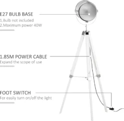 HOMCOM Stehlampe Stehleuchte Mit Dreibein Stativ Aus Holz 100-140 Cm Höhenverstellbar Mit 180° Drehbarem Lampenkopf Caféleuchte Studiolampe Industrial Design Tripod Lampe 40W Weiß Stahl Kiefernholz -Homcom 181d7f75b58b85d4c148d7bbadbef10a