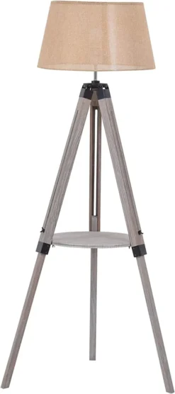 HOMCOM Stehlampe Mit Regal, Standleuchte, Höhenverstellbare Lampe, Stahl, Polyester, Baumwolle, Vintage, Natur, Beige, 63 X 63 X 110-150 Cm