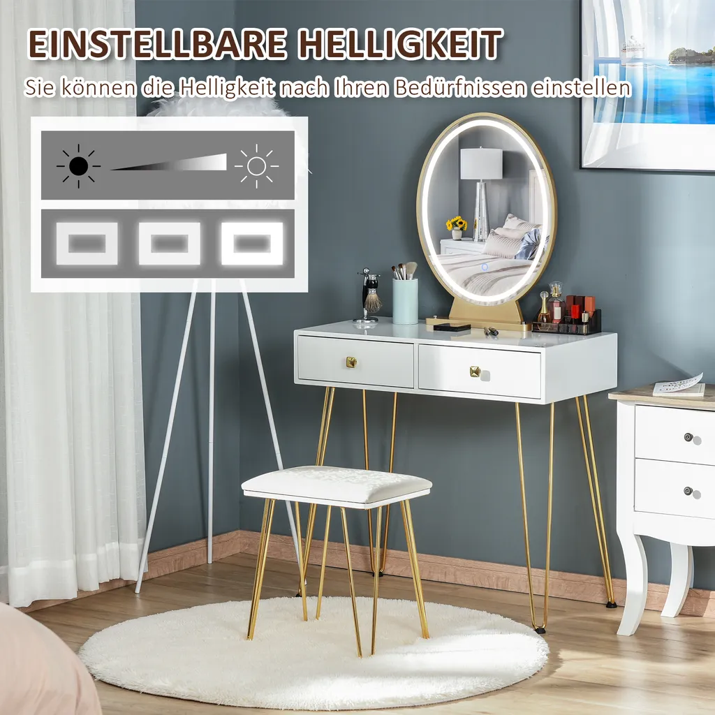 HOMCOM Schminktisch Set Frisierkommode Kosmetiktisch Mit Einstellbarer LED-Beleuchtung Spiegel Gepolsterten Hocker 2 Schubladen Und 1 Lippenstiftraster MDF Stahl Schaumstoff Weiß 80 X 40 X 136 Cm 7 HOMCOM Schminktisch Set Frisierkommode Kosmetiktisch Mit Einstellbarer LED-Beleuchtung Spiegel Gepolsterten Hocker 2 Schubladen Und 1 Lippenstiftraster MDF Stahl Schaumstoff Weiß 80 X 40 X 136 Cm – Bild 5