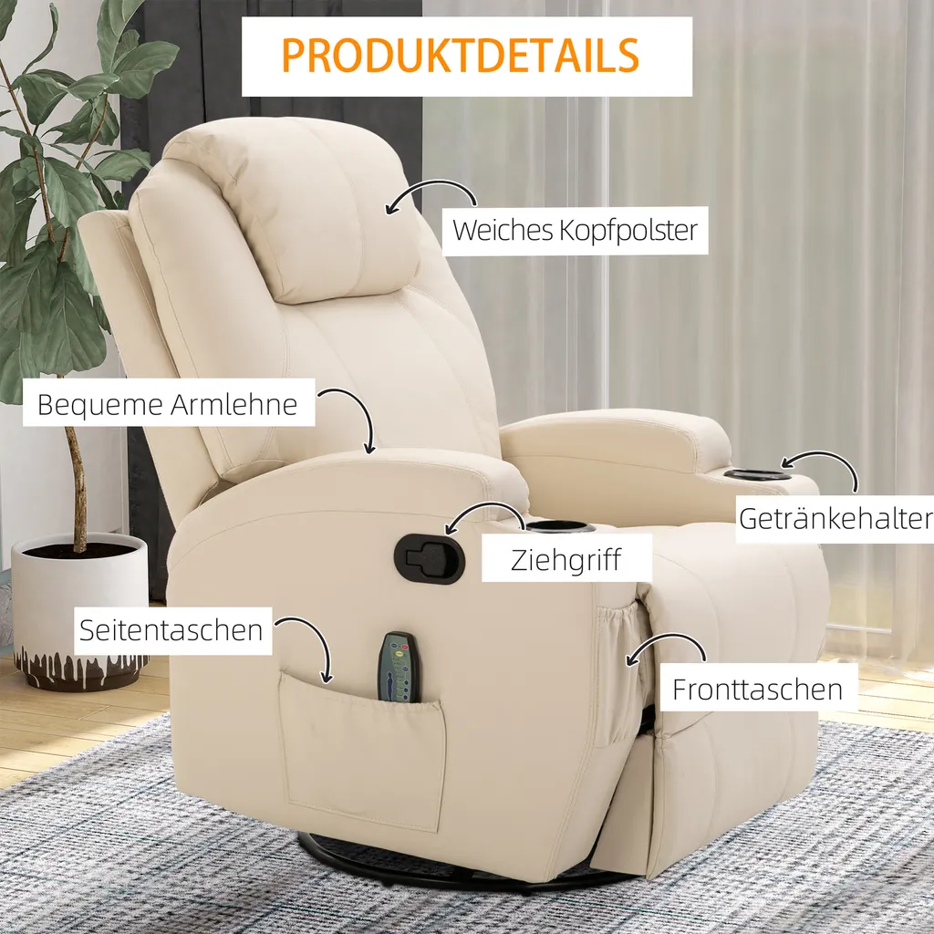 HOMCOM Massagesessel Relaxsessel Fernsehsessel Massagefunktion 5 Massage-Modi Liegefunktion Kunstleder Holz Metall Schaumstoff Cremeweiß 84 X 92 X 109 Cm 10 HOMCOM Massagesessel Relaxsessel Fernsehsessel Massagefunktion 5 Massage-Modi Liegefunktion Kunstleder Holz Metall Schaumstoff Cremeweiß 84 X 92 X 109 Cm – Bild 8