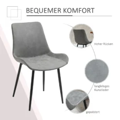HOMCOM Essstuhl Moderner Wohnzimmerstuhl Mit Rückenlehne Esszimmerstühle Metallbeine Küchenstuhl Für Wohnzimmer Esszimmer Kunstleder Schaumstoff Metall Grau 51,5 X 59 X 82 Cm