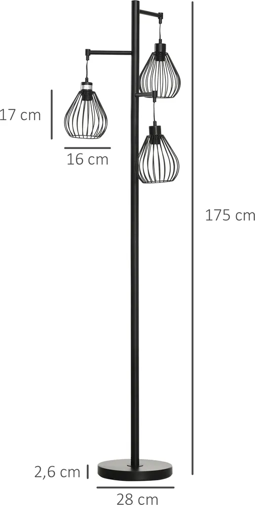 HOMCOM Stehlampe 3 Flammig, 40 W Stehleuchte Mit Käfig Lampenschirmen, E27 Fassung, Industrielle Standlampe, Exkl. Leuchtmittel, Für Wohnzimmer, Schlafzimmer, Schwarz 5 HOMCOM Stehlampe 3 Flammig, 40 W Stehleuchte Mit Käfig Lampenschirmen, E27 Fassung, Industrielle Standlampe, Exkl. Leuchtmittel, Für Wohnzimmer, Schlafzimmer, Schwarz – Bild 3