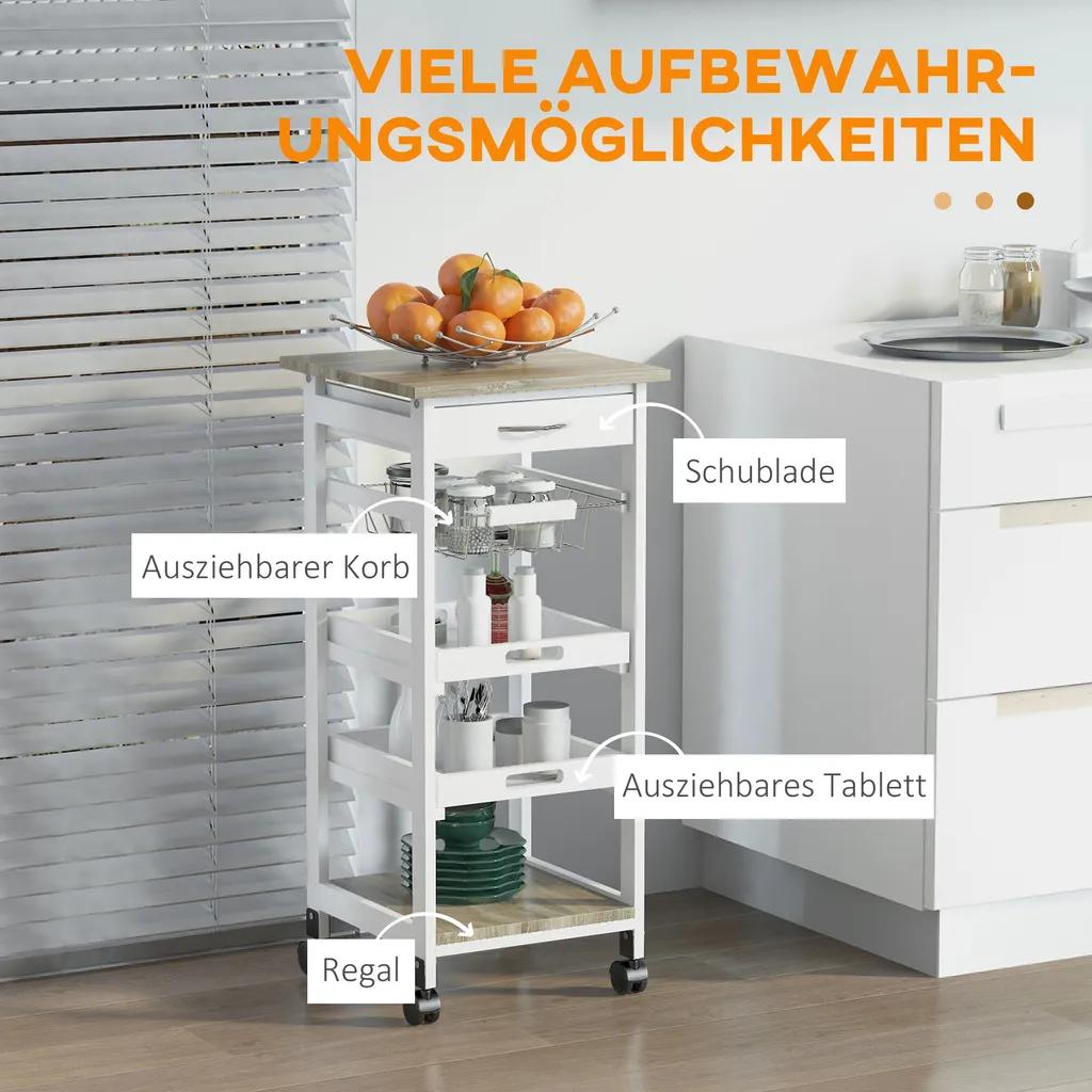 HOMCOM Küchenwagen, Servierwagen Mit Schublade Und Abnehmbarem Tablett Küchenrollwagen, Rollwagen Mit Arbeitsplatte, Kieferholz, Weiß, 37 X 37 X 82 Cm 6 HOMCOM Küchenwagen, Servierwagen Mit Schublade Und Abnehmbarem Tablett Küchenrollwagen, Rollwagen Mit Arbeitsplatte, Kieferholz, Weiß, 37 X 37 X 82 Cm – Bild 4