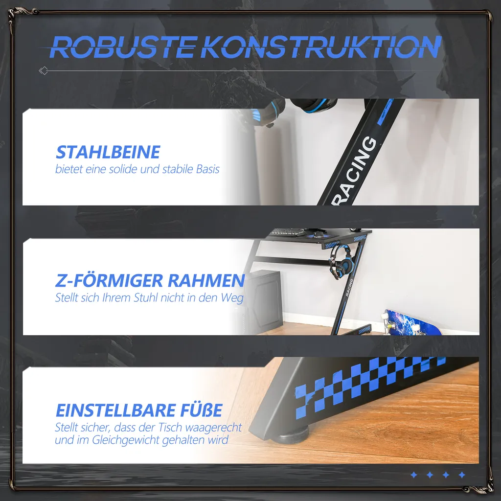 HOMCOM Computertisch Gaming Tisch PC Tisch Computer Ergonomisch Verstellbar Höhe Stahl MDF Schwarz 100L X 60B X 75H Cm 7 HOMCOM Computertisch Gaming Tisch PC Tisch Computer Ergonomisch Verstellbar Höhe Stahl MDF Schwarz 100L X 60B X 75H Cm – Bild 5
