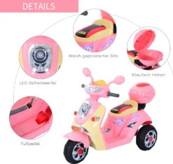 HOMCOM Elektro Kindermotorrad Elektromotorrad Kinderelektroauto Kinderfahrzeug Dreirad, 6V, Metall+PP, 108x51x75cm (Rosa+Gelb) -Homcom 1ff2e8bccb8d589c475d7bec1b2cfa8b