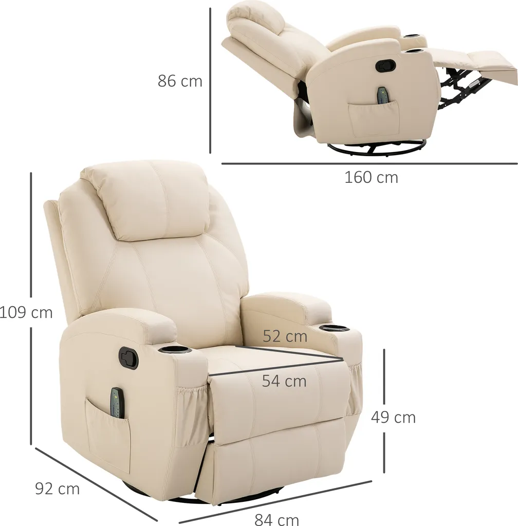 HOMCOM Massagesessel Relaxsessel Fernsehsessel Massagefunktion 5 Massage-Modi Liegefunktion Kunstleder Holz Metall Schaumstoff Cremeweiß 84 X 92 X 109 Cm 5 HOMCOM Massagesessel Relaxsessel Fernsehsessel Massagefunktion 5 Massage-Modi Liegefunktion Kunstleder Holz Metall Schaumstoff Cremeweiß 84 X 92 X 109 Cm – Bild 3