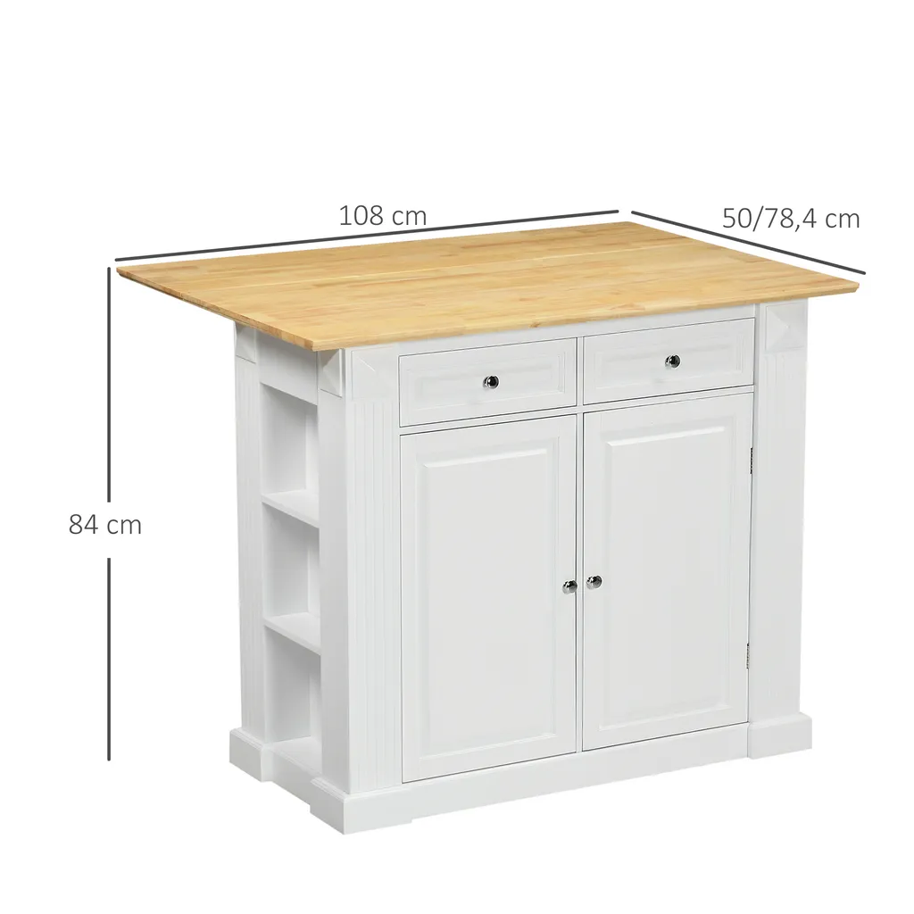 HOMCOM Kücheninsel, Sideboard Mit Erweiterbarer Arbeitsfläche, Küchenschrank Mit Schubladen, Gewürzregalen, Servierwagen Aus Holz Für Küche, Weiß, 108 X 78,4 X 84 Cm 5 HOMCOM Kücheninsel, Sideboard Mit Erweiterbarer Arbeitsfläche, Küchenschrank Mit Schubladen, Gewürzregalen, Servierwagen Aus Holz Für Küche, Weiß, 108 X 78,4 X 84 Cm – Bild 3