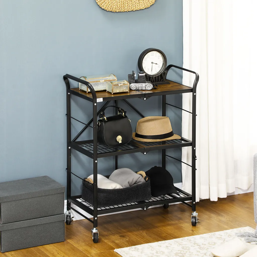 HOMCOM Rollwagen, Klappbarer Küchenwagen, Servierwagen Mit 3 Ebenen, Griff, Küchenregal Auf 4 Rollen Für Esszimmer, Wohnzimmer, Stahl, Braun+Schwarz, 68 X 35 X 85 Cm 4 HOMCOM Rollwagen, Klappbarer Küchenwagen, Servierwagen Mit 3 Ebenen, Griff, Küchenregal Auf 4 Rollen Für Esszimmer, Wohnzimmer, Stahl, Braun+Schwarz, 68 X 35 X 85 Cm – Bild 2