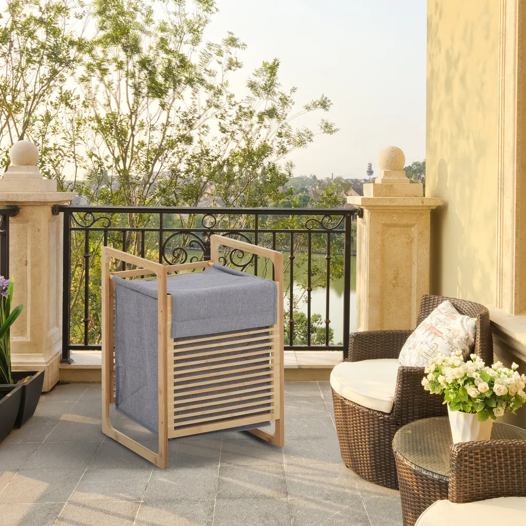 HOMCOM Wäschekorb Wäschebox Wäschesammler Mit Waschbarem Wäschesack Deckel Wäschesack Tuchsack Bambus Leinenartiges Polyester Natur+Grau 40 X 35 X 60,5 Cm 4 HOMCOM Wäschekorb Wäschebox Wäschesammler Mit Waschbarem Wäschesack Deckel Wäschesack Tuchsack Bambus Leinenartiges Polyester Natur+Grau 40 X 35 X 60,5 Cm – Bild 2