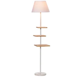 HOMCOM Stehlampe Stehleuchte Mit 3 Drehbaren Etagen Elegant Klassisch Für Wohnzimmer Schlafzimmer Büro Stahl Gummiholz T/C-Gewebe Marmor Weiß+Natur 38 X 38 X 155 Cm