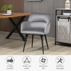 HOMCOM Esszimmerstuhl, Loungesessel Mit Armlehne, Akzentsessel Mit Samt-Optik, Max. 120 Kg Belastbar, Für Wohnzimmer, Schlafzimmer, Dunkelgrau -Homcom 2816452b7caa4f338c1cd1b4233afeb9