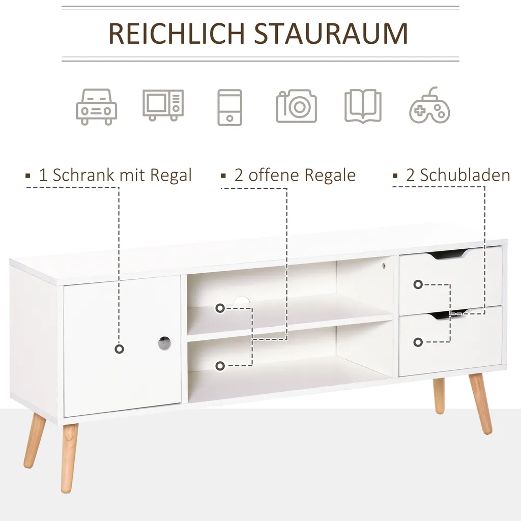 HOMCOM TV Lowboard Fernsehtisch Fernsehschrank Mit Schrank 2 Schubladen Holzfüße Wohnzimmer Weiß 120 X 28 X 44 Cm 6 HOMCOM TV Lowboard Fernsehtisch Fernsehschrank Mit Schrank 2 Schubladen Holzfüße Wohnzimmer Weiß 120 X 28 X 44 Cm – Bild 4