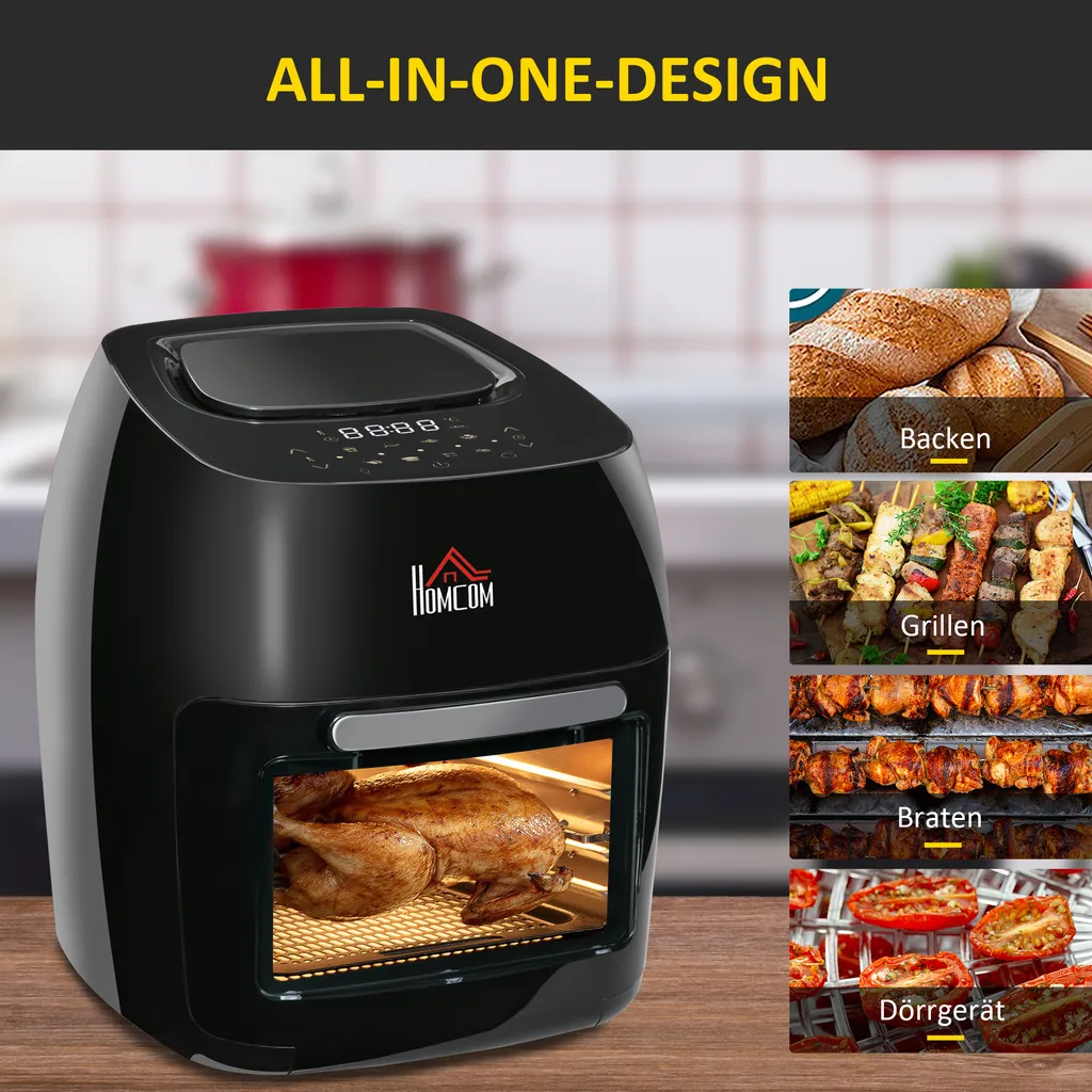 HOMCOM Heißluftfritteuse 11 L 1800W Mit 8 Menüs Zubehör Backofen Dehydrator Barbecue Für Gesundes ölfreies Fettarmes Kochen Stahl Schwarz 32 X 35,6 X 37,9 Cm 7 HOMCOM Heißluftfritteuse 11 L 1800W Mit 8 Menüs Zubehör Backofen Dehydrator Barbecue Für Gesundes ölfreies Fettarmes Kochen Stahl Schwarz 32 X 35,6 X 37,9 Cm – Bild 5