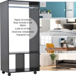 HOMCOM Mobiler Kleiderschrank Garderobe Schrank Mit Regal 4 Schwenkräder Für Wohnzimmer Schlafzimmer, Aluminiumlegierungen, 60 X 40 X 128 Cm, Schwarz -Homcom 2b64c6f1e71ad4776ea88cc2f4dc618f