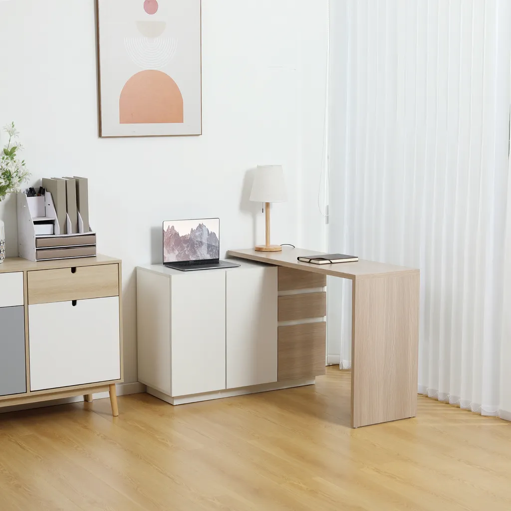 HOMCOM Eckschreibtisch, 360° Drehbarer Arbeitstisch, L-förmiger Schreibtisch Mit Schrank Und Schubladen, Computertisch, Platzsparender Bürotisch, Weiß+Eiche, 118 X 97 X 75 Cm 4 HOMCOM Eckschreibtisch, 360° Drehbarer Arbeitstisch, L-förmiger Schreibtisch Mit Schrank Und Schubladen, Computertisch, Platzsparender Bürotisch, Weiß+Eiche, 118 X 97 X 75 Cm – Bild 2