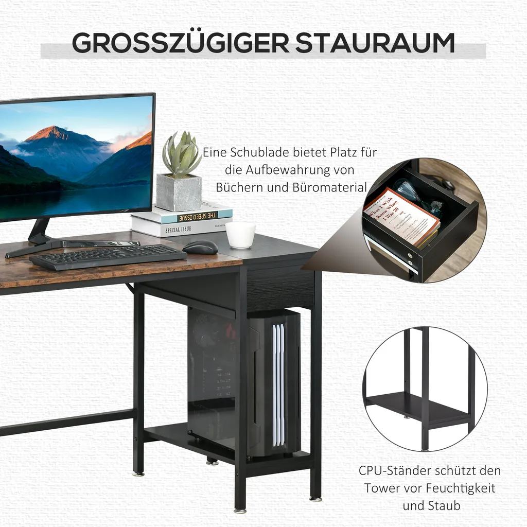 HOMCOM Schreibtisch Mit Regal Computertisch Höhenverstellbar Bürotisch Spanplatte Metall Rustikales Braun+Schwarz 120 X 60 X 75 Cm 5 HOMCOM Schreibtisch Mit Regal Computertisch Höhenverstellbar Bürotisch Spanplatte Metall Rustikales Braun+Schwarz 120 X 60 X 75 Cm – Bild 3