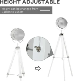 HOMCOM Stehlampe Stehleuchte Mit Dreibein Stativ Aus Holz 100-140 Cm Höhenverstellbar Mit 180° Drehbarem Lampenkopf Caféleuchte Studiolampe Industrial Design Tripod Lampe 40W Weiß Stahl Kiefernholz -Homcom 2e153040c22871b91755cc57dc06dee6