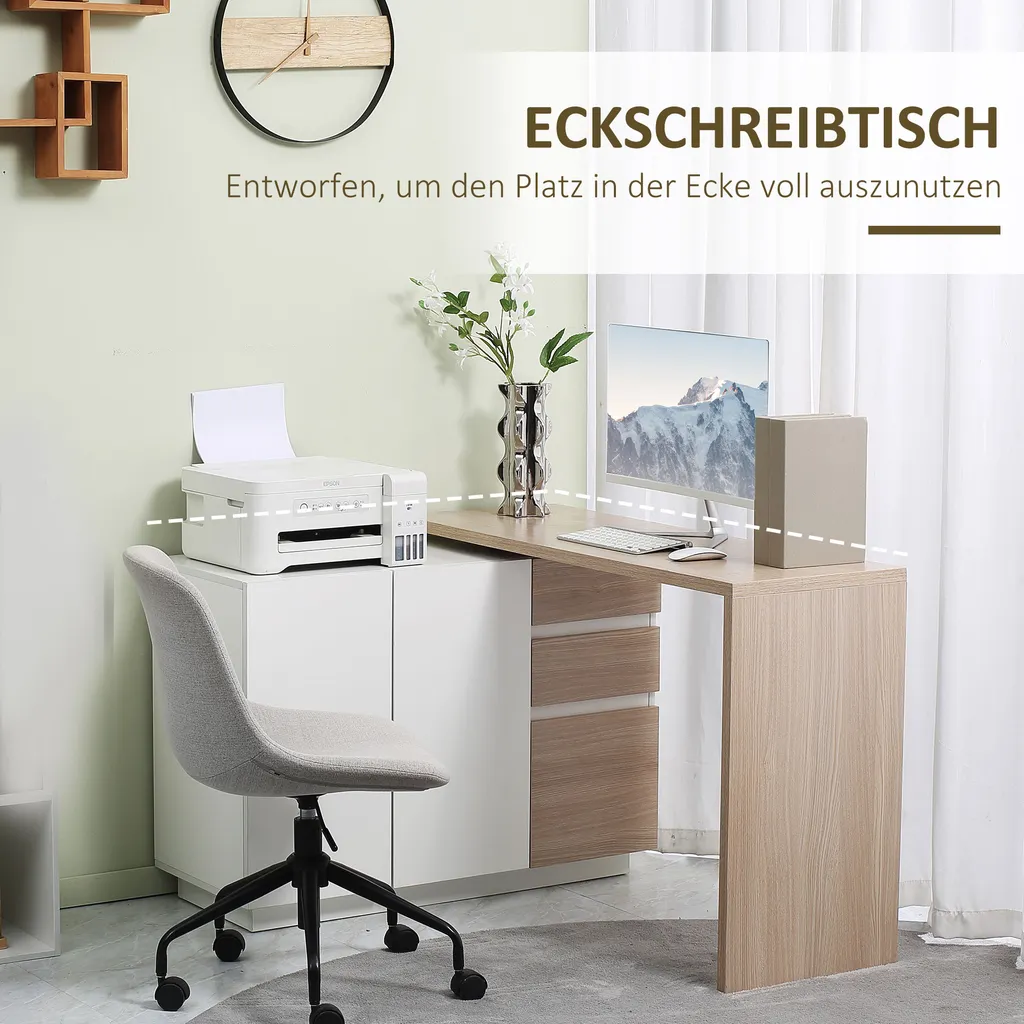 HOMCOM Eckschreibtisch, 360° Drehbarer Arbeitstisch, L-förmiger Schreibtisch Mit Schrank Und Schubladen, Computertisch, Platzsparender Bürotisch, Weiß+Eiche, 118 X 97 X 75 Cm 6 HOMCOM Eckschreibtisch, 360° Drehbarer Arbeitstisch, L-förmiger Schreibtisch Mit Schrank Und Schubladen, Computertisch, Platzsparender Bürotisch, Weiß+Eiche, 118 X 97 X 75 Cm – Bild 4