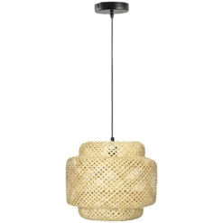 HOMCOM Hängelampe Deckenlampe Mit E27 Sockel, 40 W Hängeleuchte Mit Bambus-Lampenschirm, Verstellbare Wohnzimmerleuchte, Im Boho-Stil Für Flur, Natur, Ø35 X 35cm