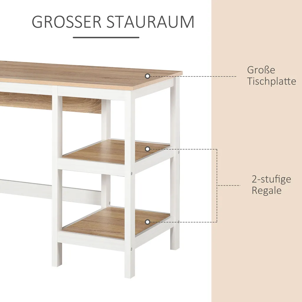 HOMCOM Schreibtisch Mit 2 Ebenen Regal, Computertisch, Bürotisch, MDF, Natur+Weiß, 110 X 48 X 76,2 Cm 5 HOMCOM Schreibtisch Mit 2 Ebenen Regal, Computertisch, Bürotisch, MDF, Natur+Weiß, 110 X 48 X 76,2 Cm – Bild 3