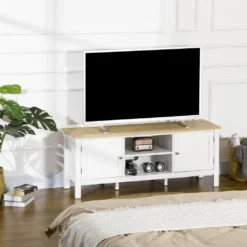 HOMCOM TV-Lowboard Fernsehschrank Mit 2 Schränken Und 2 Offenen Regalen TV Schrank Mit Kabelführungslöcher Unterschrank TV-Kommode Fernsehtisch Landhausstil Weiß+Natur 120 X 35 X 48cm -Homcom 3425d41985cd12d12faa9cb761db0dce