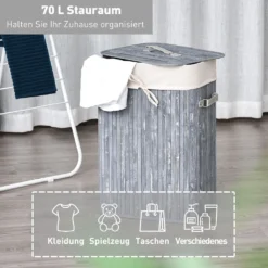 HOMCOM Wäschekorb, Wäschebox, Wäschesammler Mit Deckel, Segeltuchsack, Waschbarem Wäschesack, Mit Griffen, Bambus , Faltbar, 72L, Grau, 40 X 30 X 60 Cm -Homcom 350167a712e0dd08645065cde9162b0b