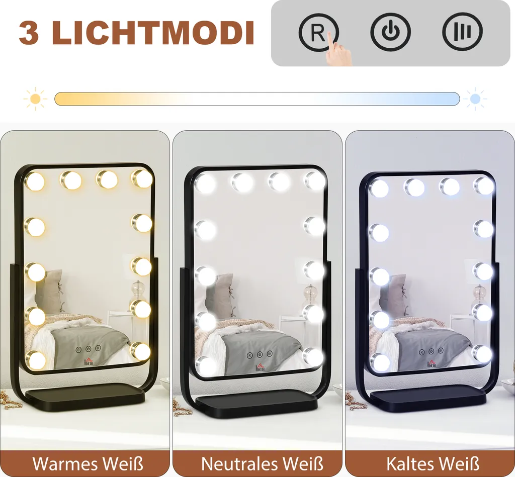 HOMCOM Schminkspiegel Hollywood Makeup Spiegel Mit 12 Dimmer-LED-Leuchten 3 Lichtfarben Kosmetikspiegel Touch-Steuerung 12W Für Schlafzimmer 32,8 X 11 X 47,4 Cm 7 HOMCOM Schminkspiegel Hollywood Makeup Spiegel Mit 12 Dimmer-LED-Leuchten 3 Lichtfarben Kosmetikspiegel Touch-Steuerung 12W Für Schlafzimmer 32,8 X 11 X 47,4 Cm – Bild 5