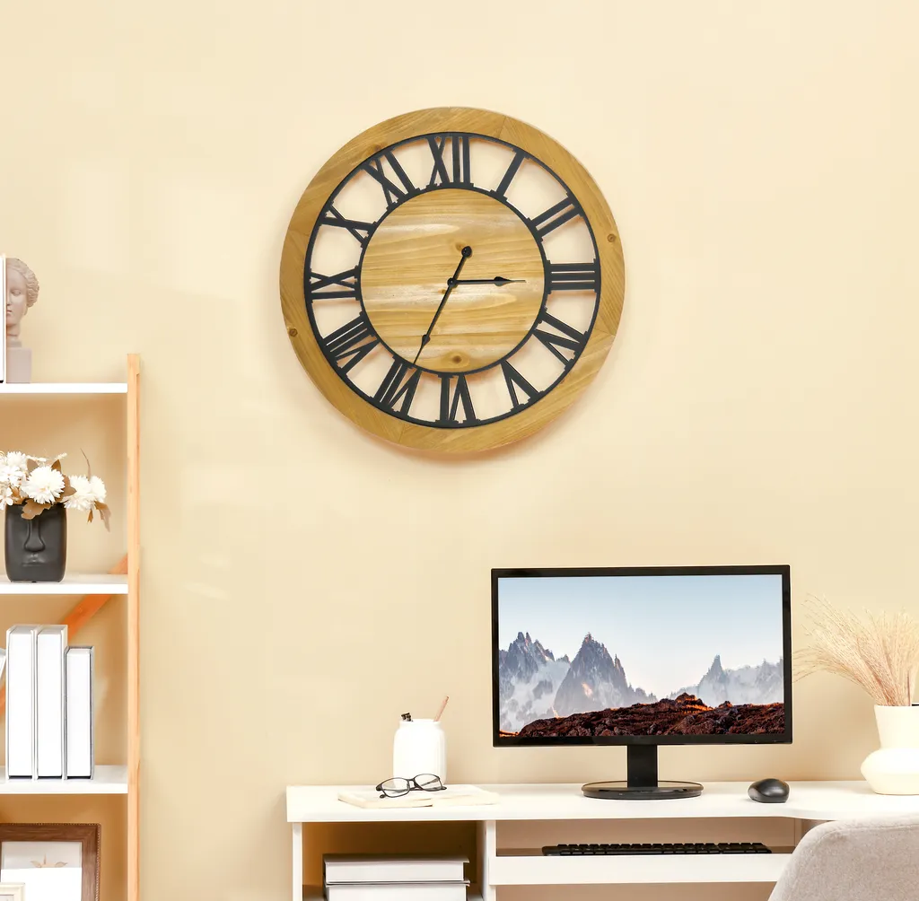 HOMCOM Wanduhr 60 Cm Mit Römischen Ziffern, Uhrwerk Im Vintage-Design, Geräuschlose Dekoration Für Wohnzimmer Küche Metall Tannenholz Schwarz+Natur 4 HOMCOM Wanduhr 60 Cm Mit Römischen Ziffern, Uhrwerk Im Vintage-Design, Geräuschlose Dekoration Für Wohnzimmer Küche Metall Tannenholz Schwarz+Natur – Bild 2