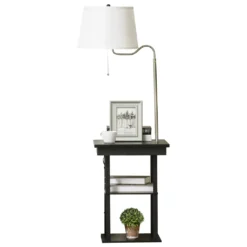HOMCOM 2-in-1 Stehleuchte Stehlampe Beistelltisch Mit 3 Regalen Innenbeleuchtung E27 Bis 40W Für Wohn-/Schlafzimmer Schwarz+Weiß 44,5 X 44,5 X 144,5 Cm