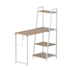 HOMCOM Schreibtisch Klappbar Mit 4 Tier Bücherregal, Computertisch, Bürotisch, E1 Spanplatte, Metallrahmen, Natur+Weiß, 106 X 48 X 128 Cm